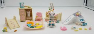 Calico Critters Deluxe Baby Nursery/furniture Slide/grey Bunny W/walker & Bottle
