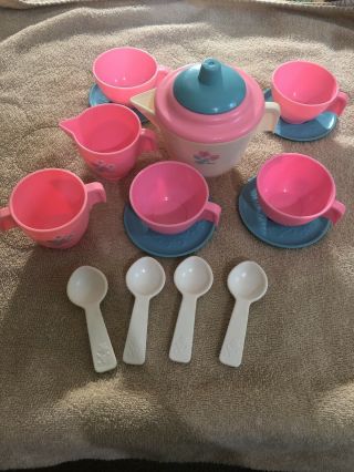 Vintage Fisher Price Fun With Food Set W/ Tea Pot Cups Spoons Creamer Sugar Bowl