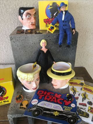 Applause Dick Tracy 3 Figural Mugs,  2 Dolls,  3 Pins,  2 Keychains And Sicker Book