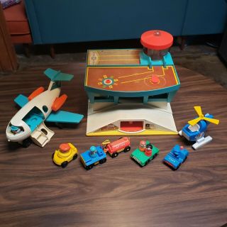Vintage Fisher Price Little People Airport With Cars,  Helicopter,  And People