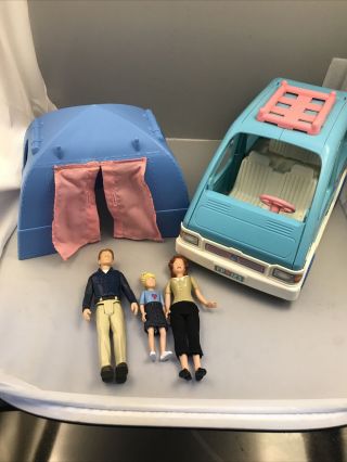 Vintage Fisher Price Dollhouse Minivan Car Blue Pink Van Hatchback Tent Figures