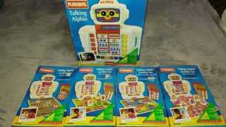 Vintage Playskool Alphie 1992 Talking Robot W/light Up Face With 4 Activity Pack
