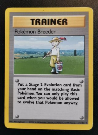 Pokemon Breeder 76/102 Base Set Trainer Pokemon Card.  Rare.