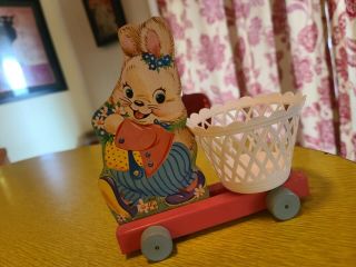 Vtg Easter Bunny Rabbit Fisher Price Wooden Plastic Basket Kids Push Pull Toy