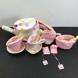 13 Pc Pottery Barn Kids Pbk Soft Toy Fabric Tea Set Cloth Plush Cups Bags Plates