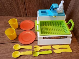 Vintage Fisher Price Sink 918 With Drying Rack & Dishware