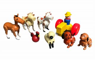 Vintage Fisher Price Farm Animals Sheep Horse Rooster Cow Dog Farmer Tractor