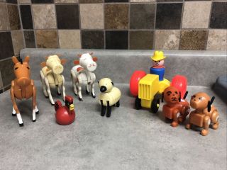 VINTAGE Fisher Price Farm Animals Sheep Horse Rooster Cow Dog Farmer Tractor 2