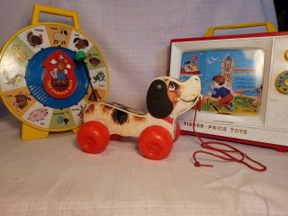 3 Vintage Fisher Price Toys Giant Screen Music Box,  See N Say,  Little Snoopy