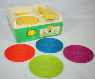 Vintage 1984 Sesame Street Fisher Price Music Box Record Player,  W/ 4 Records