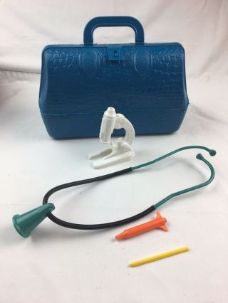 Vintage Toy Medical First Aid Kit Doctors Bag Blue Case Plastic With Tools 1968