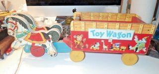 Vintage 1950s Fisher Price 131 Wooden Toy Wagon Pull Toy,  17 - 1/2”