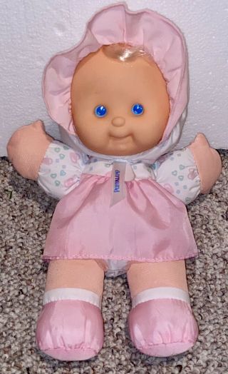 Vintage 1994 Fisher Price Puffalump Baby Doll Rattle Pink Nylon Plush Vinyl Face