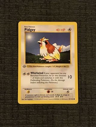 1st Edition Shadowless Pidgey 57/102 Base Set Pokémon Card - Gray Stamped - Lp