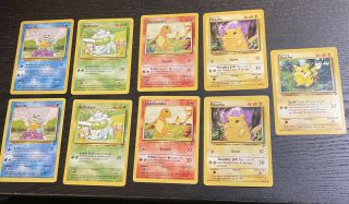 Pokemon Base Set Starters: Pikachu,  Bulbasaur,  Charmander,  Squirtle.  Base 1,  2