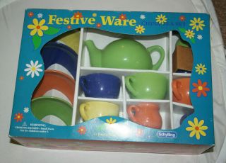 Cute Toy Schylling Fiesta Style Tea Set Ceramic Wearable Microwave Safe