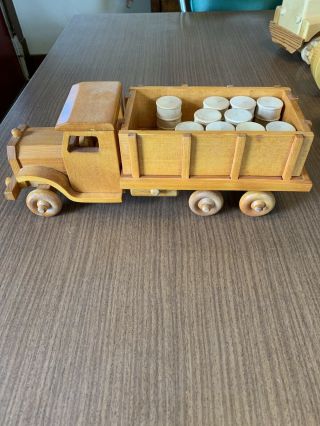 Handmade Wooden Toy Truck Dump Truck With Wooden Barrels To Haul.  13”