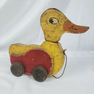 Vintage Wooden Yellow Duck With Red Wings Pull Children 