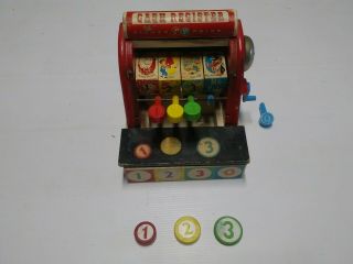 Vintage Fisher - Price Wooden Cash Register 972 W/all 3 Coins.  Parts.