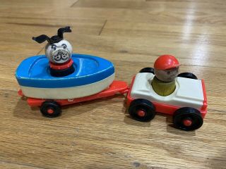 Vintage Fisher Price Little People Car & Boat With Figure And Dog