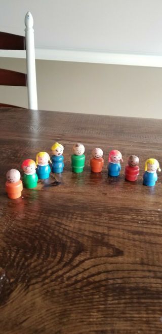 Vintage Fisher Price All Wooden Little People Heads & Body Set Of 9