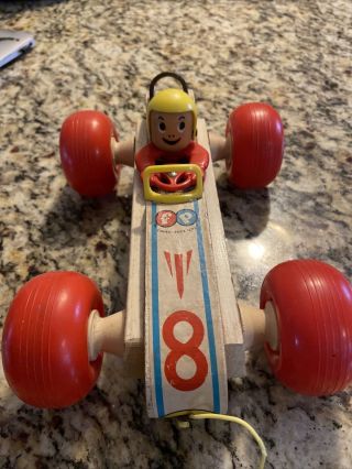Vintage 1960s Fisher Price Wooden Bouncy Racer Pull Toy Race Car Toy