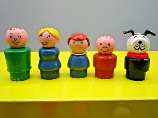 5 Vintage Fisher Price Little People Wooden Body Dad Mom Boy Girl,  Plastic Dog