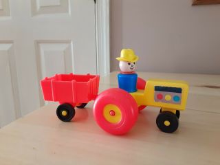 Vintage Fisher Price Little People Yellow Tractor/red Cart/wagon & Farmer/cowboy