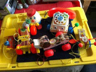 (6) Vintage Fisher Price Pull Toys 1950s 1960s Jalopy Buzzy Bee Toot Toot Humpty