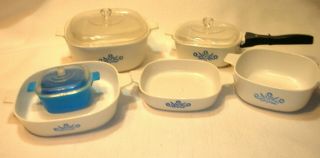 7 Vintage Corning Ware Plastic Play Toy Dishes Blue Cornflower Corelle Pan Cover