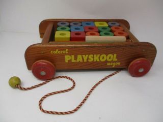 Vintage Playskool Pull Toy Wooden Wagon With Wood Building Blocks