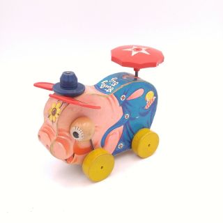 Vintage Fisher Price No.  695 - Pig In Overalls Spring Tail Wooden Clicking Toy