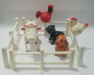 Vtg Fisher Price Little People Farm Fence,  Chickens,  Pig,  Dog,  And Cow