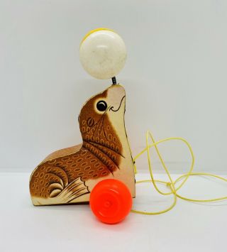 Vintage Fisher Price Pull Toy Seal 694 Yellow Ball Suzie Sea Lion Wood Balancing