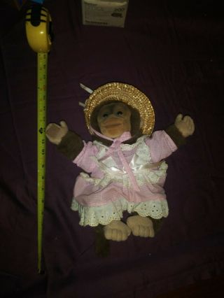 Hosung Vintage Monkey Puppet Baby Chimp Chimpanzee Squeaker Pink Dress Bonnet