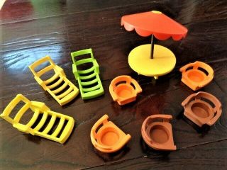 Fisher Price Vintage Little People Umbrella Patio Table 5 Chairs & 3 Lounge