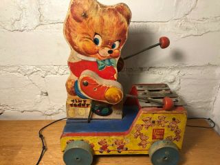 Vintage Fisher Price Wood Pull Toy Tiny Teddy 1950s 634