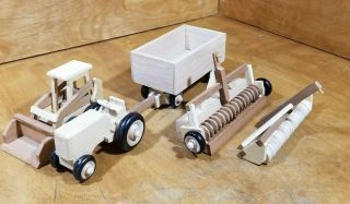 5 Piece Handmade Wooden Toy Tractor And Loader With Farm Accessories