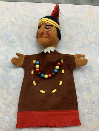 Vintage 1950’s Kersa Hand Puppet Indian Warrior W/bead Necklace Made In Germany