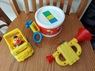 Sesame Street Ernie&car,  Fisher Price Xylophone/drum And Tomy Lil Tooter Trumpet