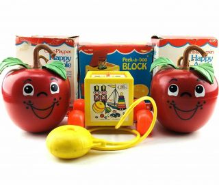 Vtg 1973 Fisher Price Happy Apple Toy (2) 435 (1) Peek A Boo Block 760