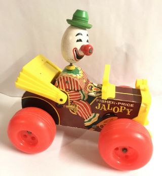 Vintage Fisher Price Jalopy 1965 Pull Along Wooden Bobble Clown Car 724 Toy