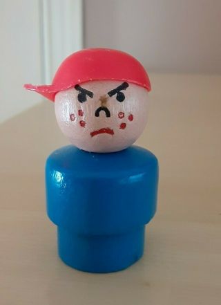 Htf Vintage Fisher Price Little People All Wood Blue Mad Boy/bully Red Cap