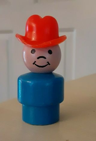 Vintage Fisher Price Little People All Wood Blue Farmer Boy/cowboy W/red Hat