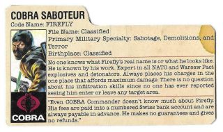 1984 Cobra Firefly V.  1 File Card Peach Filecard Bio Gi/g.  I.  Joe Jtc