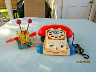 2 Fisher Price Vintage Chatter Telephone & Queen Buzzy Bee Pull Toys