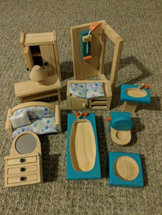 Wooden Doll House Furniture: Bathroom Set,  Items From Bedroom,  Lr.  Plan Toys.