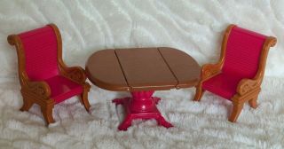 Fisher - Price Loving Family Dollhouse Dining Table & 2 Red & Brown Chairs Euc