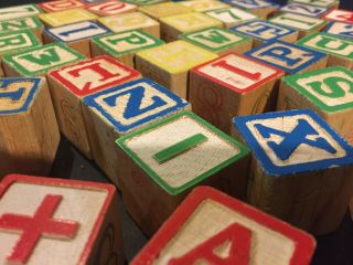 Vintage Playskool Wooden Letter And Number Blocks In Tube