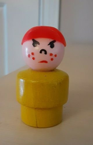 Vintage Fisher Price Little People Wood Yellow Mad Boy/bully W/red Cap